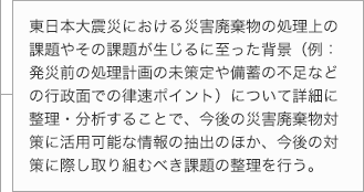 東日本大震災における災害廃棄物の処理上の課題やその課題が生じるに至った背景（例：発災前の処理計画の未策定や備蓄の不足などの行政面での律速ポイント）について詳細に整理・分析することで、今後の災害廃棄物対策に活用可能な情報の抽出のほか、今後の対策に際し取り組むべき課題の整理を行う。